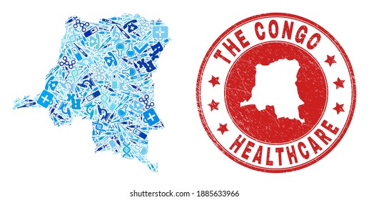 Vector collage Democratic Republic of the Congo map of treatment icons, hospital symbols, and grunge doctor rubber imitation.