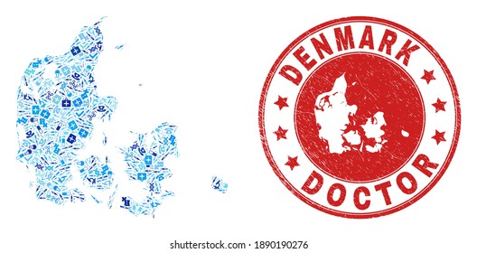 Vector collage Denmark map with vaccine icons, labs symbols, and grunge healthcare stamp. Red round stamp with unclean rubber texture and Denmark map caption and map.