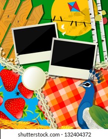 Vector collage design, decorative background with vintage photo frames and peacock
