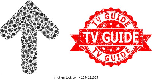 Vector collage up direction of corona virus, and TV Guide unclean ribbon seal print. Virus cells inside up direction collage. Red seal has TV Guide title inside ribbon.