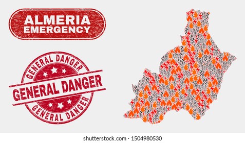 Vector collage of disaster Almeria Province map and red rounded scratched General Danger watermark. Emergency Almeria Province map mosaic of destruction, electric lightning symbols.