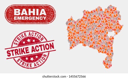 Vector collage of disaster Bahia State map and red rounded textured Strike Action stamp. Emergency Bahia State map mosaic of fire, power flash items. Vector combination for emergency services,