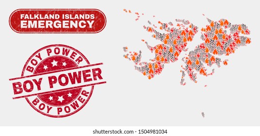 Vector collage of disaster Falkland Islands map and red rounded distress Boy Power seal. Emergency Falkland Islands map mosaic of burning, electric flash symbols.