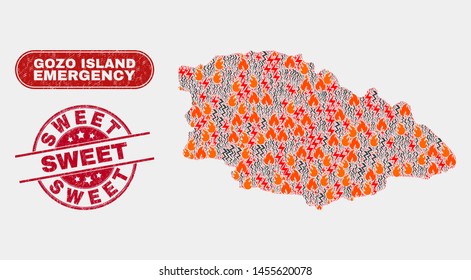Vector collage of disaster Gozo Island map and red rounded grunge Sweet seal stamp. Emergency Gozo Island map mosaic of flame, electric shock icons. Vector collage for fire protection services,