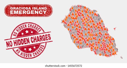 Vector collage of disaster Graciosa Island map and red rounded distress No Hidden Charges stamp. Emergency Graciosa Island map mosaic of wildfire, electric hazard elements.