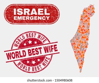 Vector collage of disaster Israel map and red rounded distress World Best Wife seal. Emergency Israel map mosaic of flame, energy lightning elements. Vector collage for emergency services,