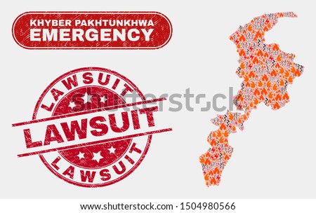 Vector collage of disaster Khyber Pakhtunkhwa Province map and red rounded distress Lawsuit stamp. Emergency Khyber Pakhtunkhwa Province map mosaic of fire, energy shock elements.