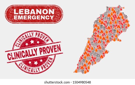 Vector collage of disaster Lebanon map and red round textured Clinically Proven seal stamp. Emergency Lebanon map mosaic of fire, electric lightning icons.