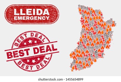 Vector collage of disaster Lleida Province map and red rounded grunge Best Deal stamp. Emergency Lleida Province map mosaic of fire, electric shock items. Vector collage for emergency services,