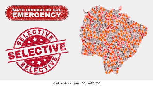 Vector collage of disaster Mato Grosso do Sul State map and red round distress Selective seal stamp. Emergency Mato Grosso do Sul State map mosaic of fire, power lightning items.