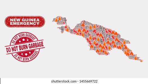 Vector collage of disaster New Guinea map and red rounded textured Do Not Burn Garbage seal stamp. Emergency New Guinea map mosaic of fire, power strike icons.