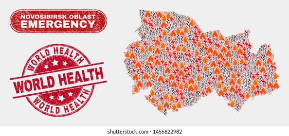 Vector collage of disaster Novosibirsk Region map and red round distress World Health seal stamp. Emergency Novosibirsk Region map mosaic of fire, power flash icons.