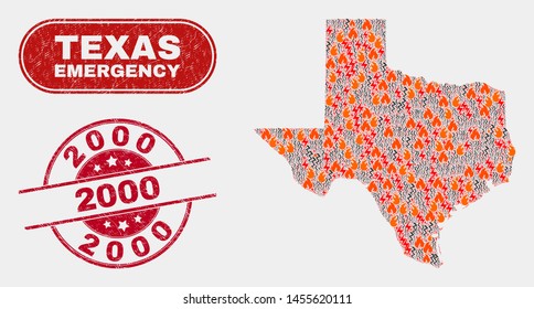 Vector collage of disaster Texas State map and red rounded grunge 2000 stamp. Emergency Texas State map mosaic of flame, electric shock elements. Vector collage for fire protection services,