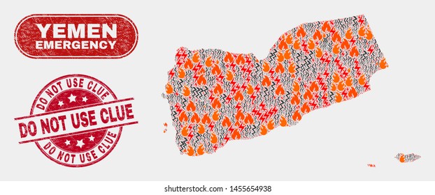 Vector collage of disaster Yemen map and red round scratched Do Not Use Clue watermark. Emergency Yemen map mosaic of burning, electric lightning symbols. Vector composition for emergency services,