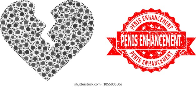 Vector collage divorce heart of corona virus, and Penis Enhancement grunge ribbon stamp seal. Virus items inside divorce heart collage. Red stamp seal has Penis Enhancement title inside ribbon.