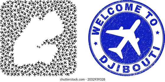 Vector collage Djibouti map of air shipping items and grunge Welcome stamp. Collage geographic Djibouti map designed as stencil from rounded square with aeroplanes.