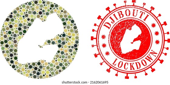 Vector collage Djibouti map of flu virus elements and grunge LOCKDOWN seal stamp. Mosaic geographic Djibouti map designed as hole from circle with virus outbreak elements in camo army colors.
