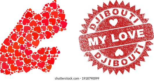 Vector collage Djibouti map of love heart elements and grunge My Love seal. Collage geographic Djibouti map created with lovely hearts. Red rosette imprint with grunge rubber texture and my love text.