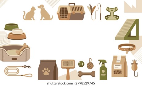 Vector collage of dog and cat care items and pet accessories: bowls, collars, leashes, carrier, beds, scratching posts, toys and treats
