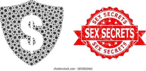 Escudo vectorial en dólares del virus de la corona, y sello de cinta texturizada de Sex Secrets. Elementos de virus dentro del collage de escudos en dólares. El sello rojo incluye el texto Sex Secrets dentro de la cinta.