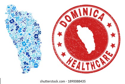 Vector collage Dominica Island map of treatment icons, receipt symbols, and grunge health care imprint. Red round imprint with scratched rubber texture and Dominica Island map word and map.
