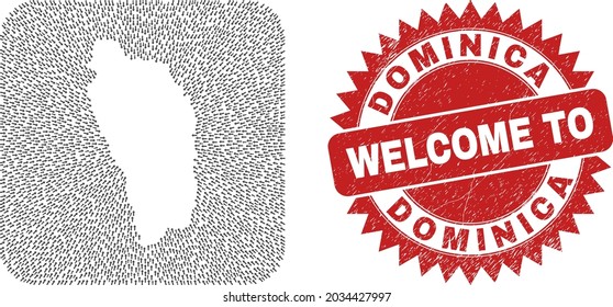 Vector collage Dominica Island map of immigration arrows and rubber Welcome seal stamp. Collage geographic Dominica Island map created as subtraction from rounded square shape with motion arrows.