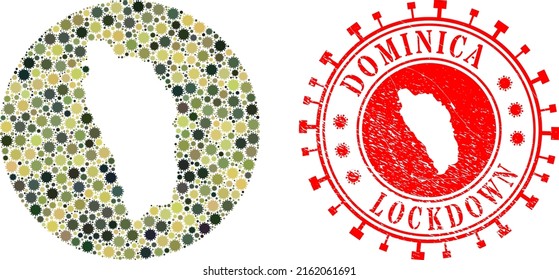 Vector collage Dominica Island map of flu virus items and grunge LOCKDOWN seal.