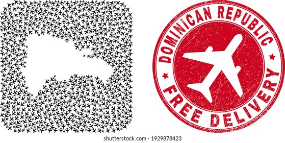 Vector sammelt die Karte der Dominikanischen Republik mit den Elementen der Flugzeuge und grunge Free Delivery Stempel.