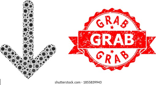 Vector collage down arrow of corona virus, and Grab scratched ribbon seal imitation. Virus items inside down arrow collage. Red seal includes Grab title inside ribbon.