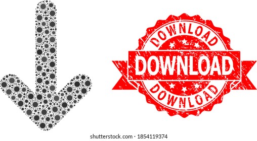 Vector collage down arrow of virus, and Download grunge ribbon seal print. Virus elements inside down arrow collage. Red seal contains Download caption inside ribbon.