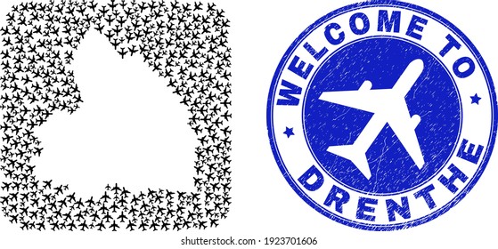 Vector collage Drenthe Province map of airplanes elements and grunge Welcome stamp. Mosaic geographic Drenthe Province map designed as carved shape from rounded square shape using airplanes.