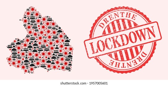 Vector collage Drenthe Province map of SARS virus, masked men and red grunge lockdown stamp. Virus elements and men in masks inside Drenthe Province map.