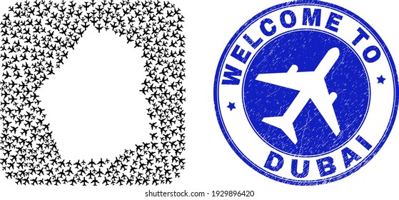 Vector sammelt Dubai Emirat Karte von Flugelementen und Grunge Begrüßungssiegel. Collage geographische Dubai Emirat Karte entworfen als geschnitzte Form aus abgerundeten quadratischen Form mit Luftflügen.