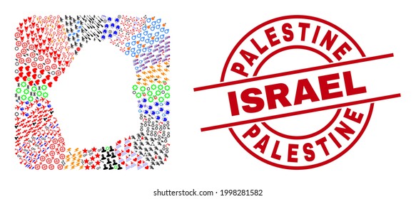 Vektor sammelt Dubai Emirat Karte von verschiedenen Symbolen und Palästina Israel Siegel Stempel. Mosaik Dubai Emirat Karte, die als geschnitzte Form aus abgerundeter quadratischer Form konstruiert wurde.