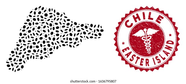 Vector collage Easter Island map and red round grunge stamp watermark with clinic symbol. Easter Island map collage formed with ellipse spots. Red round doctor seal stamp, with distress texture.