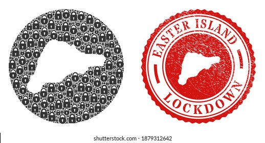 Vector collage Easter Island map of locks and grunge LOCKDOWN seal stamp. Mosaic geographic Easter Island map created as carved shape from round shape with black locks.