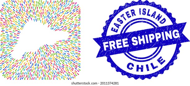 Vector collage Easter Island map of moving arrows and rubber Free Shipping stamp. Collage Easter Island map designed as carved shape from rounded square with away arrows.