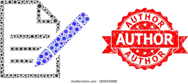 Vector collage edit text page of covid-2019 virus, and Author unclean ribbon stamp seal. Virus elements inside edit text page collage. Red stamp contains Author text inside ribbon.