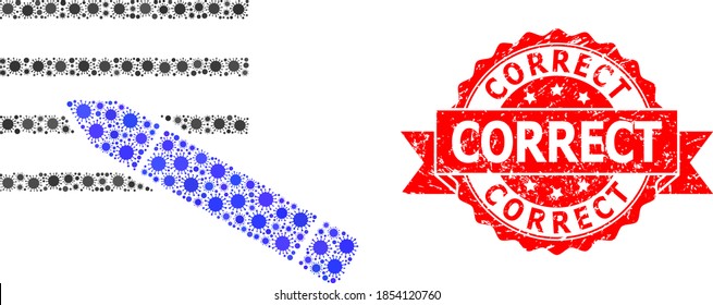 Vector collage edit text of SARS virus, and Correct rubber ribbon seal print. Virus particles inside edit text collage. Red stamp seal has Correct text inside ribbon.