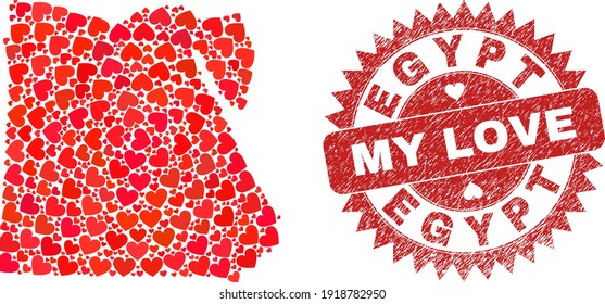 Mapa vectorial de Egipto de adorables elementos cardíacos y la placa de mi amor. Mapa de Egipto geográfico collage construido con encantadores corazones. Sello rosetón rojo con textura de goma corroída y mi etiqueta de amor.