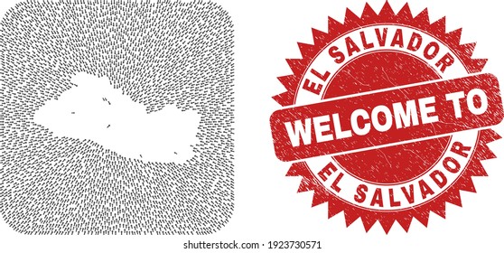 Vector collage El Salvador map of immigration arrows and rubber Welcome stamp. Collage geographic El Salvador map designed as stencil from rounded square shape with directional arrows.