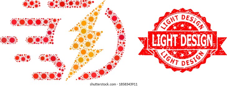 Vector collage electrical power of covid-2019 virus, and Light Design grunge ribbon stamp seal. Virus elements inside electrical power mosaic. Red stamp seal has Light Design caption inside ribbon.
