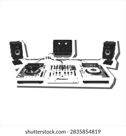 Vector collage element of a DJ setup, music mixing and party concept, halftone newspaper style, editable vector, ready to use design element