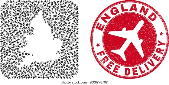Vector collage England map of air force items and grunge Free Delivery seal. Collage geographic England map designed as subtraction from rounded square shape with shipping airplanes.