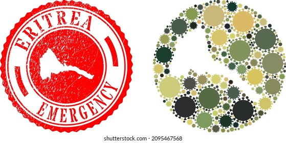 Vektorgrafik Eritrea Karte von Coronavirus-Elementen und Grunge-NOTFE-Stempel. Mosaik geographische Eritrea-Karte erstellt als Subtraktion aus Kreis mit Coronavirus-Elementen in khaki militärischen Farbtönen.