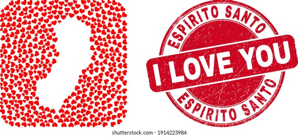 Vector collage Espirito Santo State map of valentine heart elements and grunge love badge.