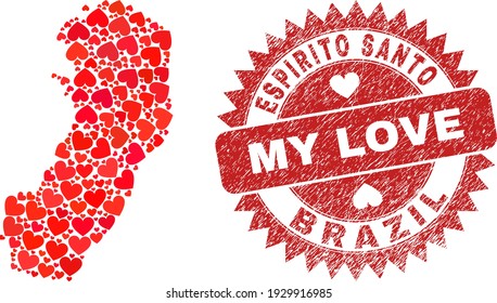 Vector collage Espirito Santo State map of valentine heart items and grunge My Love stamp. Collage geographic Espirito Santo State map designed with love hearts.