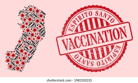 Vector collage Espirito Santo State map of corona virus, injection icons, and red grunge vaccine stamp. Virus items and vaccination items inside Espirito Santo State map.