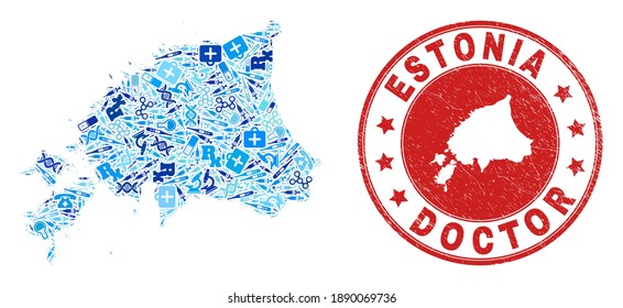Vector collage Estonia map with healthcare icons, receipt symbols, and grunge healthcare rubber imitation. Red round watermark with grunge rubber texture and Estonia map word and map.