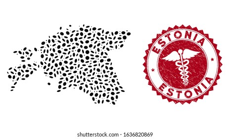 Vector collage Estonia map and red round grunge stamp seal with medic sign. Estonia map collage constructed with elliptic elements. Red round medical seal stamp, with unclean texture.
